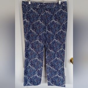 VESTINO SIZE 10 BLUE/WHITE/PURPLE PAISLEY PRINT CROPPED PANTS BACK POCKETS